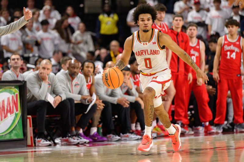 Dec 4, 2024; College Park, Maryland, USA; Maryland Terrapins guard Ja'Kobi Gillespie (0) handles the ball during the second half against the Ohio State Buckeyes at Xfinity Center. Mandatory Credit: Reggie Hildred-Imagn Images