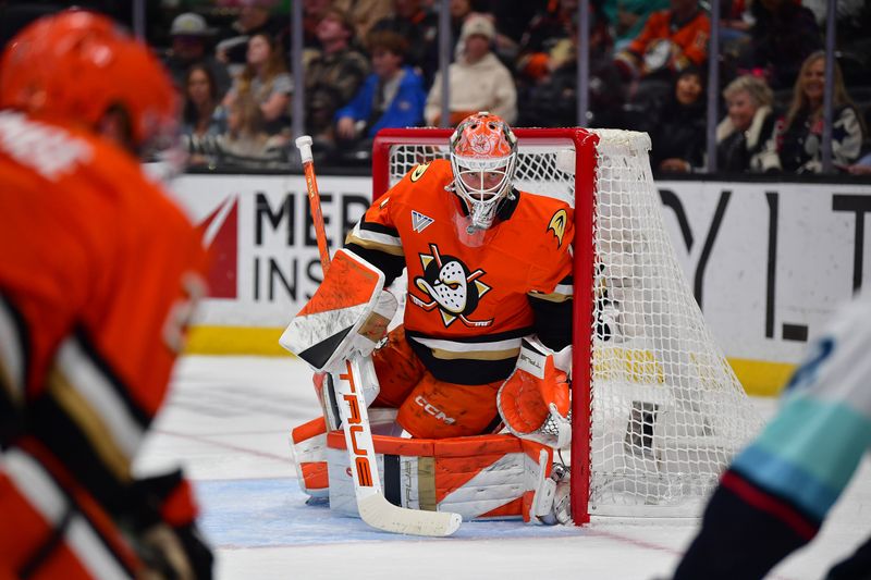 Feb 3, 2026; Anaheim, California, USA; Anaheim Ducks goaltender Lukas Dostal (1) defends the goal against the Seattle Kraken during the first period at Honda Center. Mandatory Credit: Gary A. Vasquez-Imagn Images