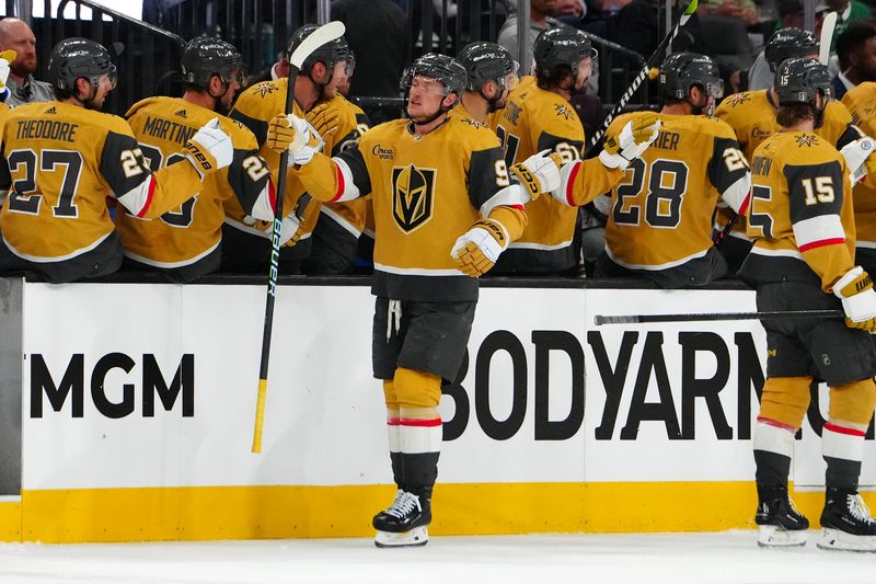 Apr 29, 2024; Las Vegas, Nevada, USA; Vegas Golden Knights center Jack Eichel (9) celebrates after scoring a goal against the Dallas Stars during the second period of game four of the first round of the 2024 Stanley Cup Playoffs at T-Mobile Arena. Mandatory Credit: Stephen R. Sylvanie-USA TODAY Sports