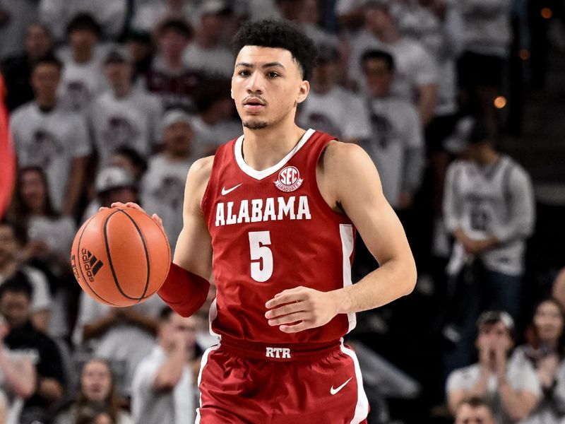 Mar 4, 2023; College Station, Texas, USA;  Alabama Crimson Tide guard Jahvon Quinerly (5) dribbles the ball against the Texas A&M Aggies during the first half at Reed Arena. Mandatory Credit: Maria Lysaker-USA TODAY Sports