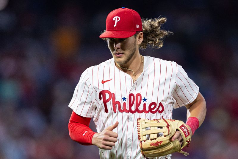 Jun 18, 2024; Philadelphia, Pennsylvania, USA; Philadelphia Phillies third base Alec Bohm (28) in a game against the San Diego Padres at Citizens Bank Park. Mandatory Credit: Bill Streicher-USA TODAY Sports