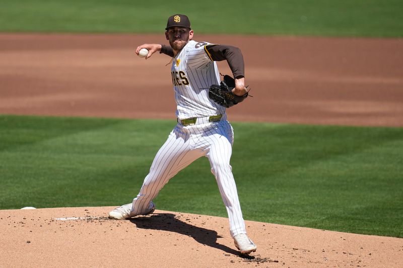 Apr 3, 2024; San Diego, California, USA; San Diego Padres starting pitcher Joe Musgrove (44) throws a pitch against the St. Louis Cardinals during the first inning at Petco Park. Mandatory Credit: Ray Acevedo-USA TODAY Sports