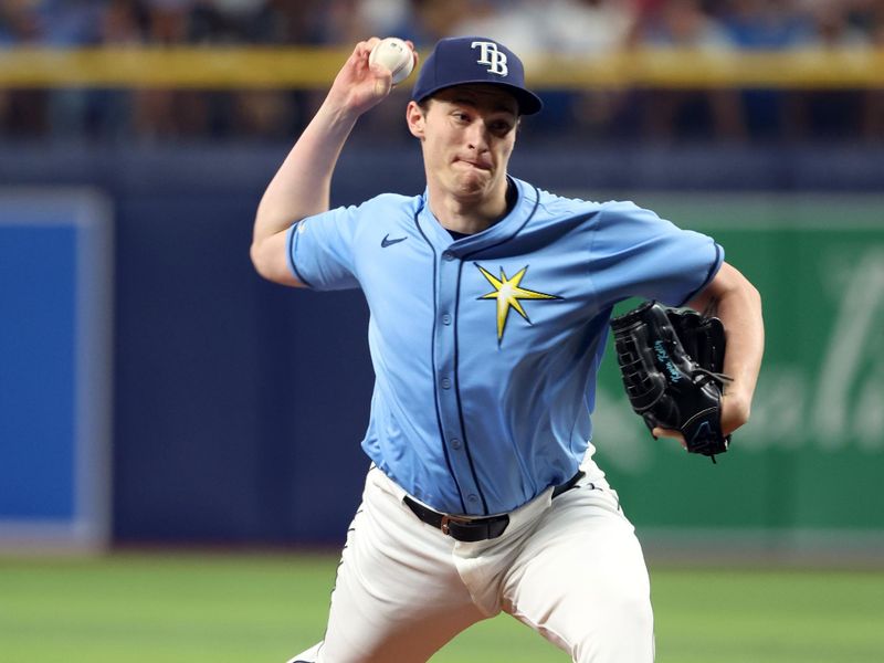 Jul 30, 2024; St. Petersburg, Florida, USA;  Tampa Bay Rays pitcher Kevin Kelly (49) throws a pitch against the Miami Marlins during the seventh inning at Tropicana Field. Mandatory Credit: Kim Klement Neitzel-USA TODAY Sports