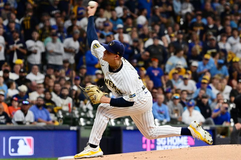 Oct 3, 2024; Milwaukee, Wisconsin, USA; Milwaukee Brewers pitcher Tobias Myers (36) pitches against the New York Mets in the first inning during game three of the Wildcard round for the 2024 MLB Playoffs at American Family Field. Mandatory Credit: Benny Sieu-Imagn Images