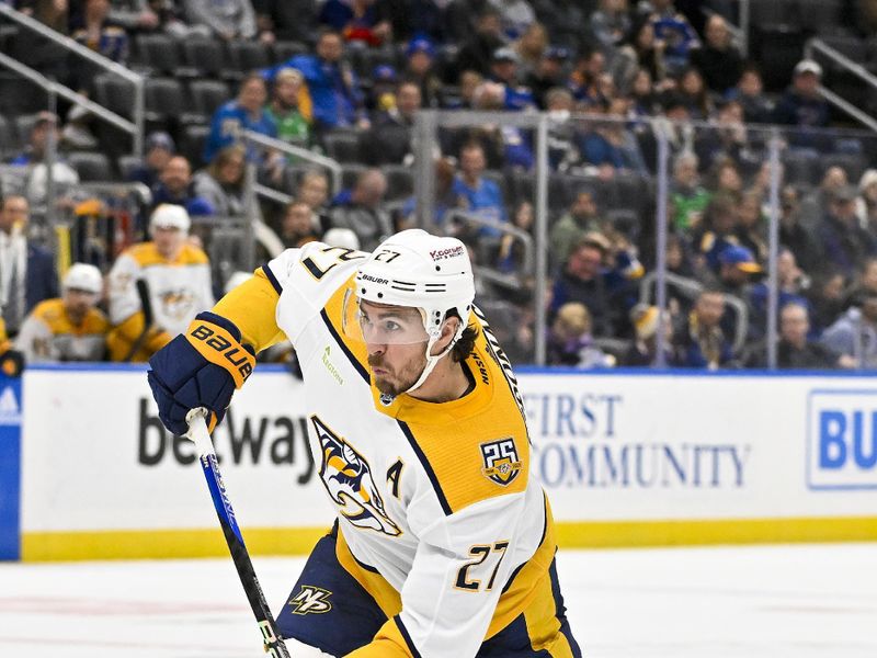 Nov 24, 2023; St. Louis, Missouri, USA;  Nashville Predators defenseman Ryan McDonagh (27) shoots against the St. Louis Blues during the third period at Enterprise Center. Mandatory Credit: Jeff Curry-USA TODAY Sports