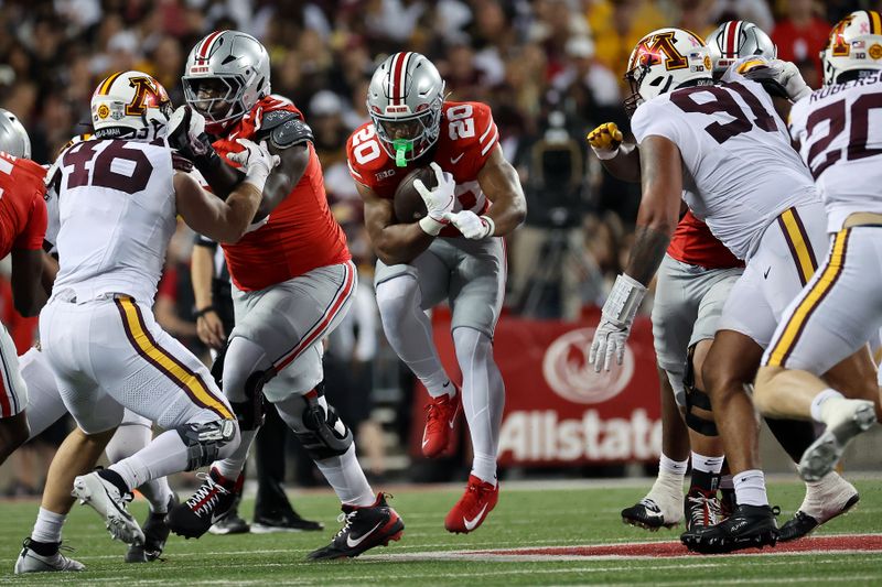 Oct 4, 2025; Columbus, Ohio, USA; Ohio State Buckeyes running back James Peoples (20) runs the ball during the fourth quarter against the Minnesota Golden Gophers at Ohio Stadium. Mandatory Credit: Joseph Maiorana-Imagn Images