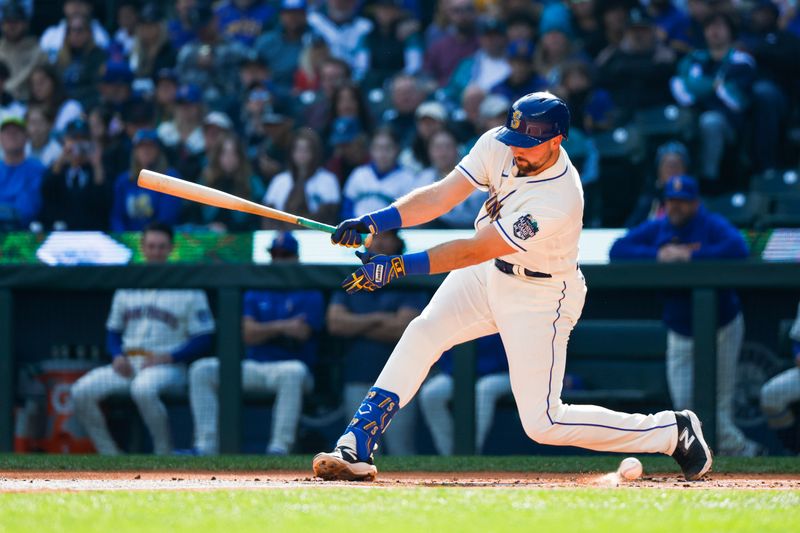 Oct 1, 2023; Seattle, Washington, USA; Seattle Mariners catcher Cal Raleigh (29) strikes out against the Texas Rangers to end the first inning at T-Mobile Park. Mandatory Credit: Joe Nicholson-USA TODAY Sports