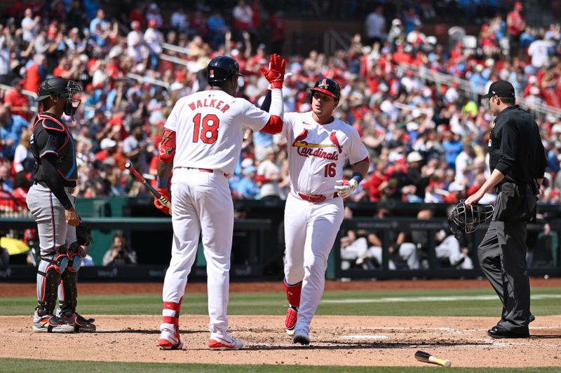 Apr 7, 2024; St. Louis, Missouri, USA; St. Louis Cardinals second baseman Nolan Gorman (16) is congratulated by outfielder Jordan Walker (18) after hitting a home run during the fifth inning against the Miami Marlins at Busch Stadium. Mandatory Credit: Jeff Le-USA TODAY Sports