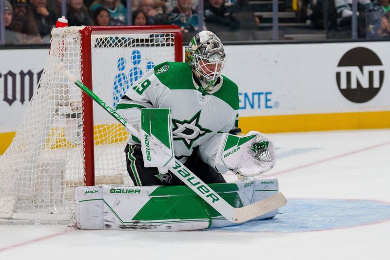 Jan 18, 2023; San Jose, California, USA; Dallas Stars goaltender Jake Oettinger (29) makes a save during the second period against the San Jose Sharks at SAP Center at San Jose. Mandatory Credit: Neville E. Guard-USA TODAY Sports