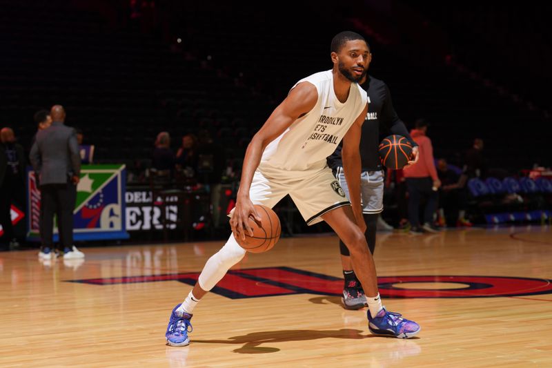 PHILADELPHIA, PA - FEBRUARY 3: Mikal Bridges #1 of the Brooklyn Nets warms up before the game against the Philadelphia 76ers on February 3, 2024 at the Wells Fargo Center in Philadelphia, Pennsylvania NOTE TO USER: User expressly acknowledges and agrees that, by downloading and/or using this Photograph, user is consenting to the terms and conditions of the Getty Images License Agreement. Mandatory Copyright Notice: Copyright 2024 NBAE (Photo by Jesse D. Garrabrant/NBAE via Getty Images)