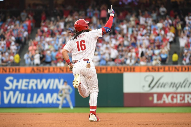 Jul 29, 2024; Philadelphia, Pennsylvania, USA; Philadelphia Phillies outfielder Brandon Marsh (16) celebrates his home run against the New York Yankees during the fourth inning at Citizens Bank Park. Mandatory Credit: Eric Hartline-USA TODAY Sports