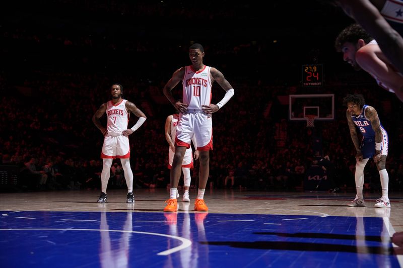 PHILADELPHIA, PA - JANUARY 15: Jabari Smith Jr. #10 of the Houston Rockets looks on during the game against the Philadelphia 76ers on January 15, 2024 at the Wells Fargo Center in Philadelphia, Pennsylvania NOTE TO USER: User expressly acknowledges and agrees that, by downloading and/or using this Photograph, user is consenting to the terms and conditions of the Getty Images License Agreement. Mandatory Copyright Notice: Copyright 2024 NBAE (Photo by Jesse D. Garrabrant/NBAE via Getty Images)