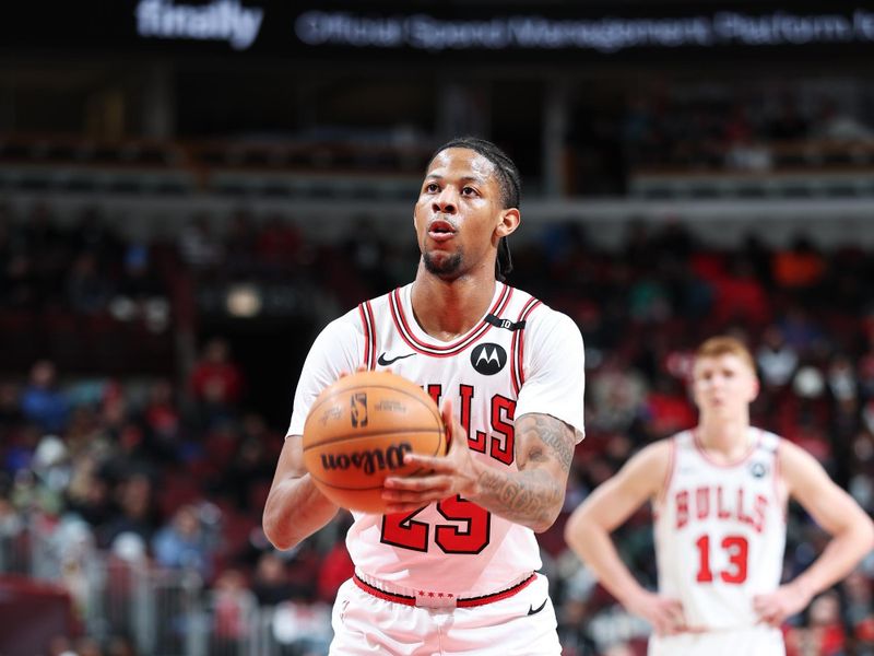 CHICAGO, IL - FEBRUARY 11: Dalen Terry #25 of the Chicago Bulls shoots a free throw during the game against the Detroit Pistons on February 11, 2025 at United Center in Chicago, Illinois. NOTE TO USER: User expressly acknowledges and agrees that, by downloading and or using this photograph, User is consenting to the terms and conditions of the Getty Images License Agreement. Mandatory Copyright Notice: Copyright 2025 NBAE (Photo by Jeff Haynes/NBAE via Getty Images)