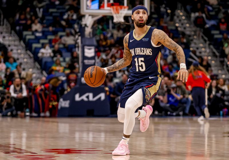 NEW ORLEANS, LOUISIANA - JANUARY 17: Jose Alvarado #15 of the New Orleans Pelicans looks to make a play with the ball during the first half against the Utah Jazz at the Smoothie King Center on January 17, 2025 in New Orleans, Louisiana. NOTE TO USER: User expressly acknowledges and agrees that, by downloading and or using this photograph, User is consenting to the terms and conditions of the Getty Images License Agreement. (Photo by Derick E. Hingle/Getty Images)