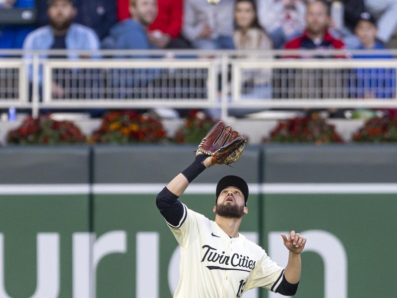 May 3, 2024; Minneapolis, Minnesota, USA; Minnesota Twins left fielder Alex Kirilloff (19) catches a fly ball against the Boston Red Sox in the fourth inning at Target Field. Mandatory Credit: Jesse Johnson-USA TODAY Sports