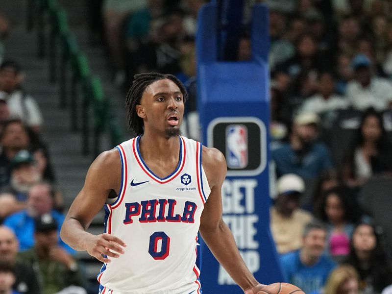 DALLAS, TX - MARCH 3: Tyrese Maxey #0 of the Philadelphia 76ers dribbles the ball during the game against the Dallas Mavericks on March 3, 2024 at the American Airlines Center in Dallas, Texas. NOTE TO USER: User expressly acknowledges and agrees that, by downloading and or using this photograph, User is consenting to the terms and conditions of the Getty Images License Agreement. Mandatory Copyright Notice: Copyright 2024 NBAE (Photo by Glenn James/NBAE via Getty Images)