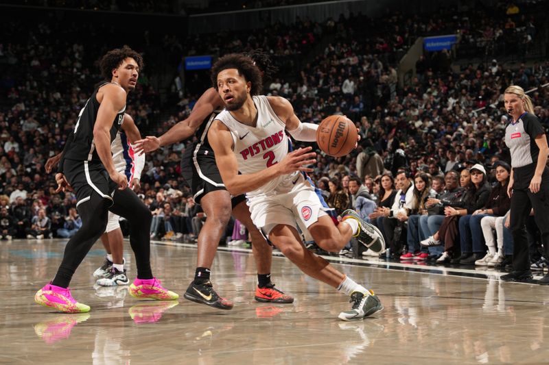 BROOKLYN, NY - NOVEMBER 3: Cade Cunningham #2 of the Detroit Pistons drives to the basket during the game against the Brooklyn Nets on November 3, 2024 at Barclays Center in Brooklyn, New York. NOTE TO USER: User expressly acknowledges and agrees that, by downloading and or using this Photograph, user is consenting to the terms and conditions of the Getty Images License Agreement. Mandatory Copyright Notice: Copyright 2024 NBAE (Photo by Jesse D. Garrabrant/NBAE via Getty Images)