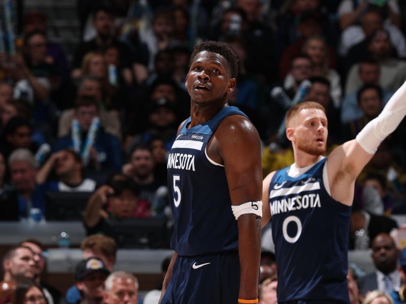 MINNEAPOLIS, MN -  APRIL 25:   Anthony Edwards #5 of the Minnesota Timberwolves looks on during the game against the Los Angeles Lakers  during Round 1 Game 3 of the 2025 NBA Playoffs  on April 25, 2025 at Target Center in Minneapolis, Minnesota. NOTE TO USER: User expressly acknowledges and agrees that, by downloading and or using this Photograph, user is consenting to the terms and conditions of the Getty Images License Agreement. Mandatory Copyright Notice: Copyright 2025 NBAE (Photo by David Sherman/NBAE via Getty Images)