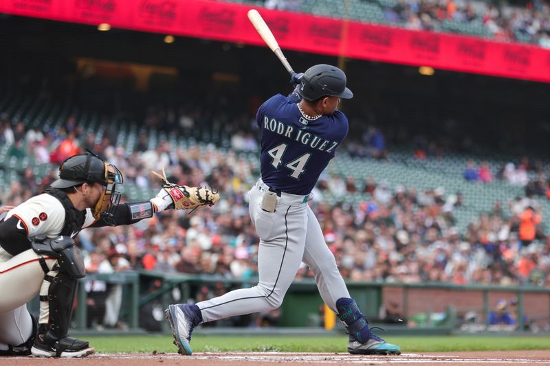 Jul 5, 2023; San Francisco, California, USA; Seattle Mariners center fielder Julio Rodriguez (44) hits a single during the first inning against the San Francisco Giants at Oracle Park. Mandatory Credit: Sergio Estrada-USA TODAY Sports