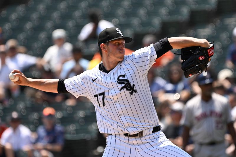 Jun 20, 2024; Chicago, Illinois, USA;  Chicago White Sox pitcher Chris Flexen (77) delivers against the Houston Astros during the first inning at Guaranteed Rate Field. Mandatory Credit: Matt Marton-USA TODAY Sports