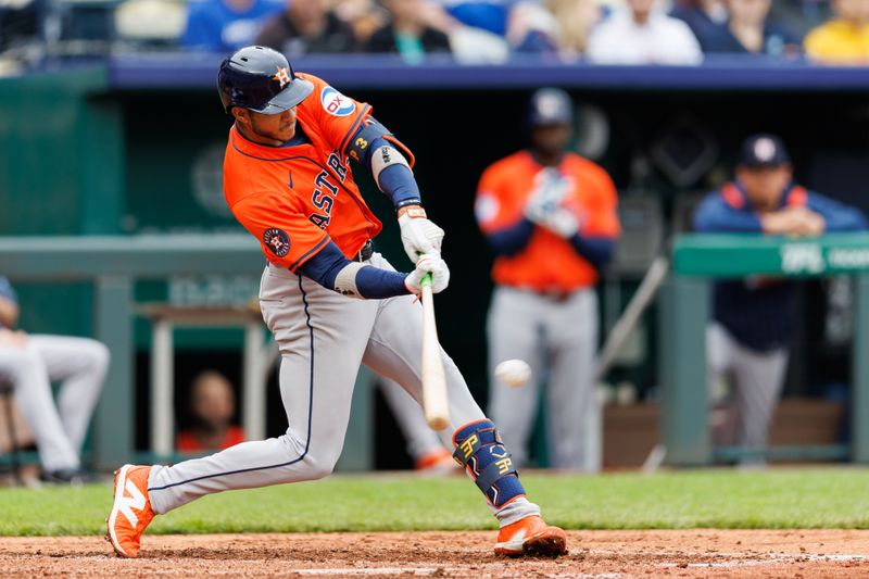 Apr 27, 2025; Kansas City, Missouri, USA; Houston Astros shortstop Jeremy Peña (3) at bat during the third inning against the Kansas City Royals at Kauffman Stadium. Mandatory Credit: William Purnell-Imagn Images