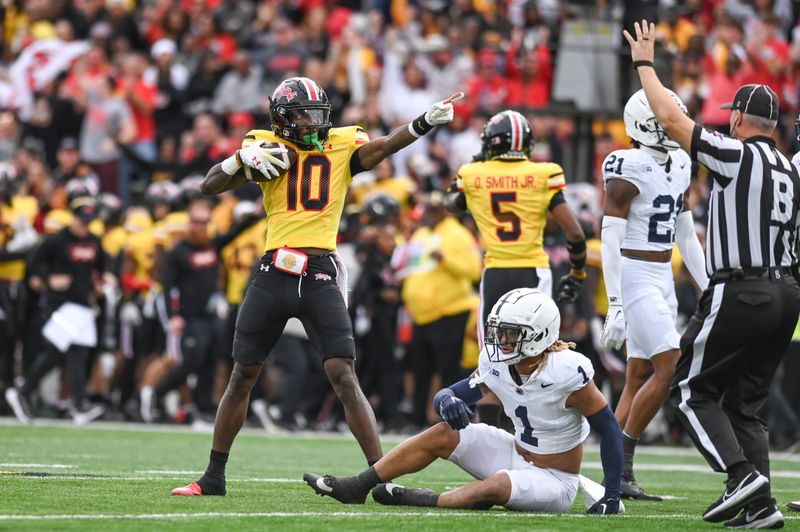 Nov 4, 2023; College Park, Maryland, USA;  Maryland Terrapins wide receiver Tai Felton (10) reacts after making a first down during the first half against the Penn State Nittany Lions at SECU Stadium. Mandatory Credit: Tommy Gilligan-USA TODAY Sports