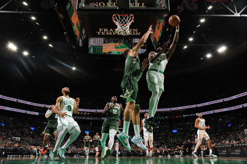 BOSTON, MA - OCTOBER 28: Jaylen Brown #7 of the Boston Celtics shoots the ball during the game against the Milwaukee Bucks on October 28, 2024 at TD Garden in Boston, Massachusetts. NOTE TO USER: User expressly acknowledges and agrees that, by downloading and/or using this Photograph, user is consenting to the terms and conditions of the Getty Images License Agreement. Mandatory Copyright Notice: Copyright 2024 NBAE (Photo by Brian Babineau/NBAE via Getty Images)