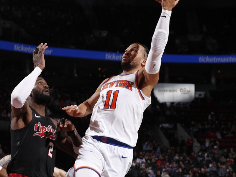 PORTLAND, OR - MARCH 14: Jalen Brunson #11 of the New York Knicks drives to the basket during the game against the Portland Trail Blazers on March 14, 2024 at the Moda Center Arena in Portland, Oregon. NOTE TO USER: User expressly acknowledges and agrees that, by downloading and or using this photograph, user is consenting to the terms and conditions of the Getty Images License Agreement. Mandatory Copyright Notice: Copyright 2024 NBAE (Photo by Cameron Browne/NBAE via Getty Images)