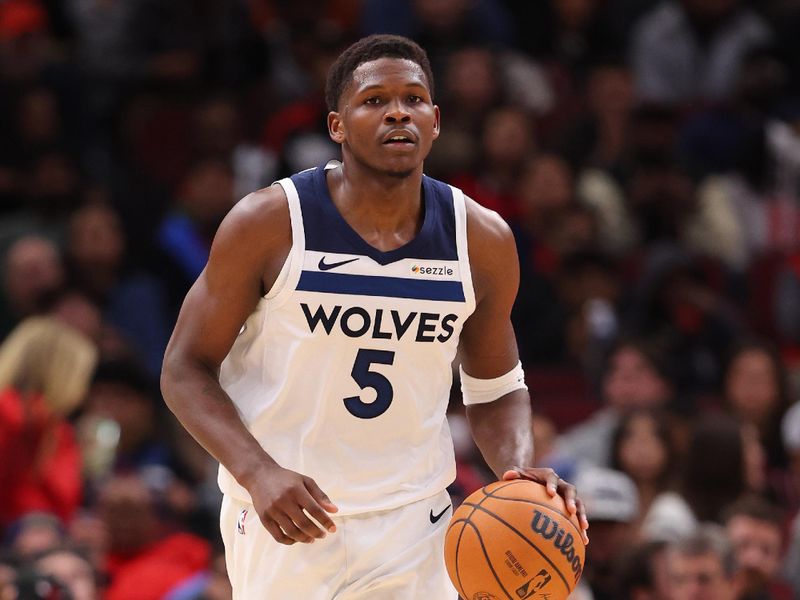 CHICAGO, ILLINOIS - NOVEMBER 07: Anthony Edwards #5 of the Minnesota Timberwolves dribbles up the court against the Chicago Bulls during the second half at the United Center on November 07, 2024 in Chicago, Illinois. NOTE TO USER: User expressly acknowledges and agrees that, by downloading and or using this photograph, User is consenting to the terms and conditions of the Getty Images License Agreement.  (Photo by Michael Reaves/Getty Images)