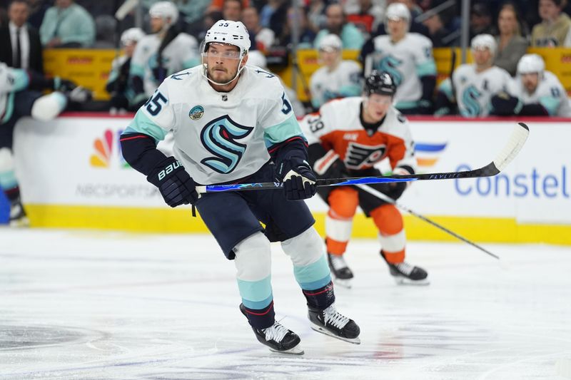 Oct 20, 2025; Philadelphia, Pennsylvania, USA; Seattle Kraken defenseman Ryan Lindgren (55) in action against the Philadelphia Flyers in the first period at Xfinity Mobile Arena. Mandatory Credit: Kyle Ross-Imagn Images