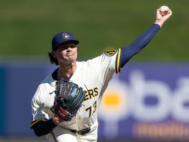 Feb 27, 2026; Phoenix, Arizona, USA; Milwaukee Brewers pitcher Shane Drohan against the Chicago White Sox during a spring training game at American Family Fields of Phoenix. Mandatory Credit: Mark J. Rebilas-Imagn Images