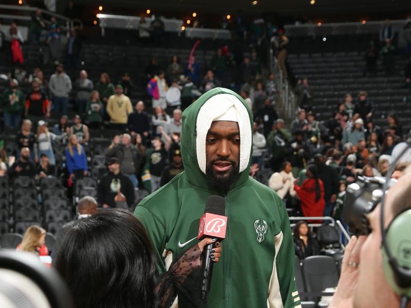 MILWAUKEE, WI - JANUARY 27:  Bobby Portis #9 of the Milwaukee Bucks talks to the media after the game  on January 27, 2024 at the Fiserv Forum Center in Milwaukee, Wisconsin. NOTE TO USER: User expressly acknowledges and agrees that, by downloading and or using this Photograph, user is consenting to the terms and conditions of the Getty Images License Agreement. Mandatory Copyright Notice: Copyright 2024 NBAE (Photo by Gary Dineen/NBAE via Getty Images).