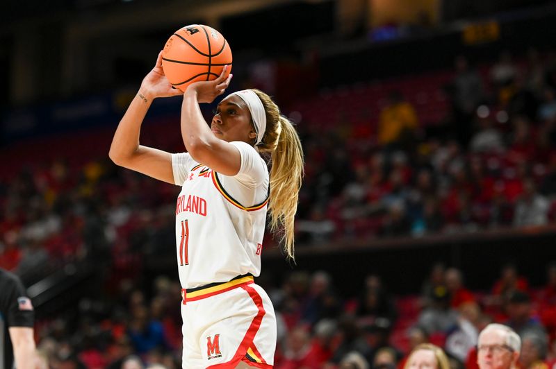 Feb 29, 2024; College Park, Maryland, USA;  Maryland Terrapins guard Jakia Brown-Turner (11) takes a three point shot against the Wisconsin Badgers during the second half at Xfinity Center. Mandatory Credit: Tommy Gilligan-USA TODAY Sports