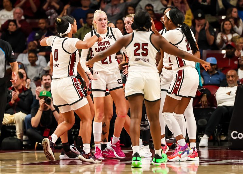 Nov 12, 2023; Columbia, South Carolina, USA; South Carolina Gamecocks players huddle against the Maryland Terrapins in the second half at Colonial Life Arena. Mandatory Credit: Jeff Blake-USA TODAY Sports