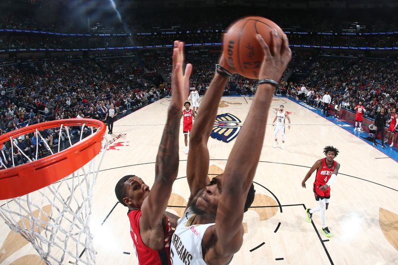 NEW ORLEANS, LA - FEBRUARY 22: Herb Jones #5 of the New Orleans Pelicans shoots the ball during the game against the Houston Rockets  on February 22, 2024 at the Smoothie King Center in New Orleans, Louisiana. NOTE TO USER: User expressly acknowledges and agrees that, by downloading and or using this Photograph, user is consenting to the terms and conditions of the Getty Images License Agreement. Mandatory Copyright Notice: Copyright 2024 NBAE (Photo by Layne Murdoch Jr./NBAE via Getty Images)