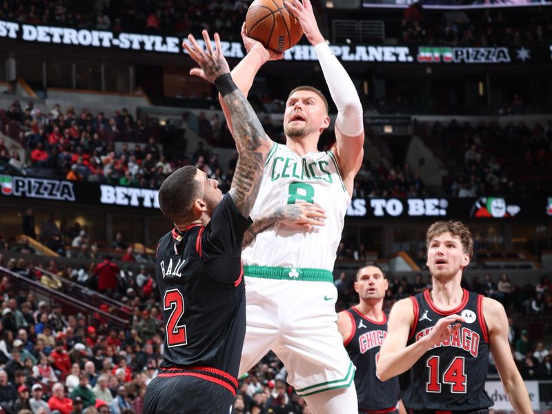 CHICAGO, IL - NOVEMBER 29: Kristaps Porzingis #8 of the Boston Celtics shoots the ball during the game against the Chicago Bulls during the Emirates NBA Cup game on November 29, 2024 at United Center in Chicago, Illinois. NOTE TO USER: User expressly acknowledges and agrees that, by downloading and or using this photograph, User is consenting to the terms and conditions of the Getty Images License Agreement. Mandatory Copyright Notice: Copyright 2024 NBAE (Photo by Jeff Haynes/NBAE via Getty Images)