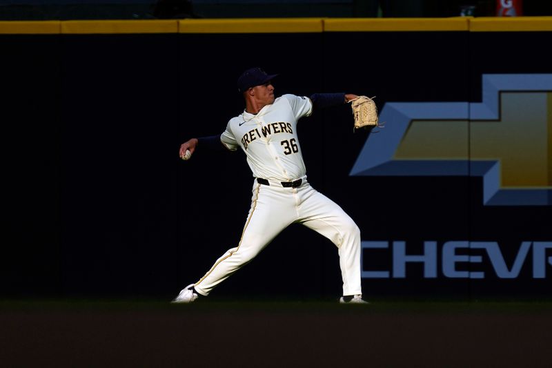 Jul 10, 2024; Milwaukee, Wisconsin, USA;  Milwaukee Brewers pitcher Tobias Myers (36) warms up in the outfield prior to the game against the Pittsburgh Pirates at American Family Field. Mandatory Credit: Jeff Hanisch-USA TODAY Sports