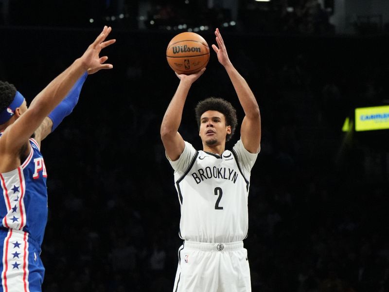 BROOKLYN, NY - MARCH 5: Cameron Johnson #2 of the Brooklyn Nets shoots the ball during the game against the Philadelphia 76ers on March 5, 2024 at Barclays Center in Brooklyn, New York. NOTE TO USER: User expressly acknowledges and agrees that, by downloading and or using this Photograph, user is consenting to the terms and conditions of the Getty Images License Agreement. Mandatory Copyright Notice: Copyright 2024 NBAE (Photo by Jesse D. Garrabrant/NBAE via Getty Images)