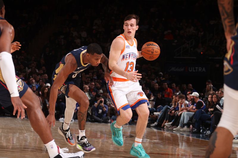 NEW YORK, NY - DECEMBER 1: Tyler Kolek #13 of the New York Knicks handles the ball during the game against the New Orleans Pelicans on December 1, 2024 at Madison Square Garden in New York City, New York.  NOTE TO USER: User expressly acknowledges and agrees that, by downloading and or using this photograph, User is consenting to the terms and conditions of the Getty Images License Agreement. Mandatory Copyright Notice: Copyright 2024 NBAE  (Photo by Nathaniel S. Butler/NBAE via Getty Images)