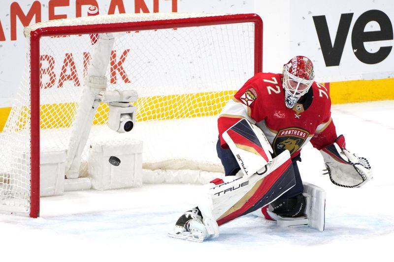 Dec 6, 2023; Sunrise, Florida, USA; Florida Panthers goaltender Sergei Bobrovsky (72) makes a pad save after losing his stick against the Dallas Stars during the second period at Amerant Bank Arena. Mandatory Credit: Jim Rassol-USA TODAY Sports