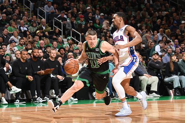 BOSTON, MA - DECEMBER 1: Payton Pritchard #11 of the Boston Celtics dribbles the ball during the game against the Philadelphia 76ers on December 1, 2023 at the TD Garden in Boston, Massachusetts. NOTE TO USER: User expressly acknowledges and agrees that, by downloading and or using this photograph, User is consenting to the terms and conditions of the Getty Images License Agreement. Mandatory Copyright Notice: Copyright 2023 NBAE  (Photo by Brian Babineau/NBAE via Getty Images)