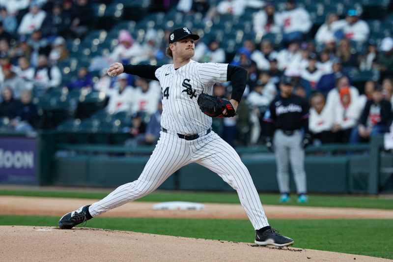 May 10, 2025; Chicago, Illinois, USA; Chicago White Sox starting pitcher Shane Smith (64) delivers a pitch against the Miami Marlins during the first inning at Rate Field. Mandatory Credit: Kamil Krzaczynski-Imagn Images