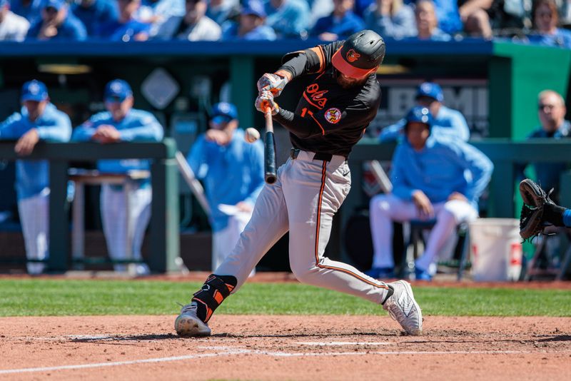 Apr 21, 2024; Kansas City, Missouri, USA; Baltimore Orioles outfielder Colton Cowser (17) at bat during the seventh inning against the Kansas City Royals at Kauffman Stadium. Mandatory Credit: William Purnell-USA TODAY Sports