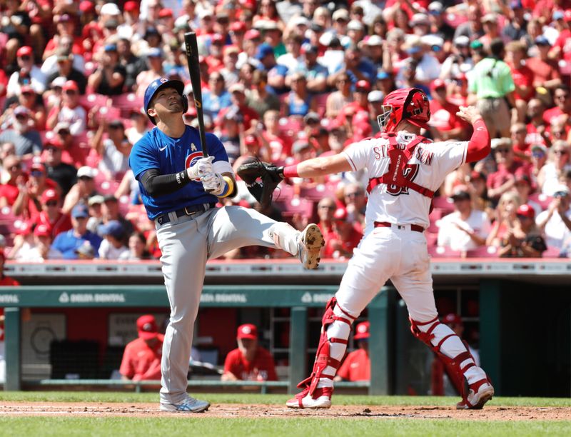 Sep 3, 2023; Cincinnati, Ohio, USA; Chicago Cubs right fielder Seiya Suzuki (27) reacts after striking out against the Cincinnati Reds during the first inning at Great American Ball Park. Mandatory Credit: David Kohl-USA TODAY Sports