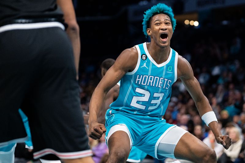 CHARLOTTE, NORTH CAROLINA - DECEMBER 05: Kai Jones #23 of the Charlotte Hornets reacts in the fourth quarter during their game against the LA Clippers at Spectrum Center on December 05, 2022 in Charlotte, North Carolina. NOTE TO USER: User expressly acknowledges and agrees that, by downloading and or using this photograph, User is consenting to the terms and conditions of the Getty Images License Agreement. (Photo by Jacob Kupferman/Getty Images)