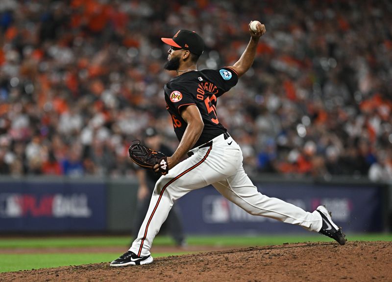 Oct 2, 2024; Baltimore, Maryland, USA; Baltimore Orioles pitcher Seranthony Dominguez (56) throws a pitch in the ninth inning against the Kansas City Royals in game two of the Wild Card round for the 2024 MLB Playoffs at Oriole Park at Camden Yards. Mandatory Credit: Tommy Gilligan-Imagn Images