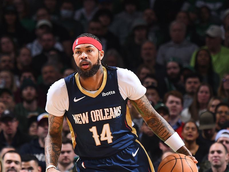 BOSTON, MA - JANUARY 29: Brandon Ingram #14 of the New Orleans Pelicans brings the ball up court during the game against the Boston Celtics on January 29, 2024 at the TD Garden in Boston, Massachusetts. NOTE TO USER: User expressly acknowledges and agrees that, by downloading and or using this photograph, User is consenting to the terms and conditions of the Getty Images License Agreement. Mandatory Copyright Notice: Copyright 2024 NBAE  (Photo by Brian Babineau/NBAE via Getty Images)