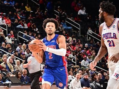 DETROIT, MI - DECEMBER 13: Cade Cunningham #2 of the Detroit Pistons drives to the basket during the game against the Philadelphia 76ers on December 13, 2023 at Little Caesars Arena in Detroit, Michigan. NOTE TO USER: User expressly acknowledges and agrees that, by downloading and/or using this photograph, User is consenting to the terms and conditions of the Getty Images License Agreement. Mandatory Copyright Notice: Copyright 2023 NBAE (Photo by Chris Schwegler/NBAE via Getty Images)