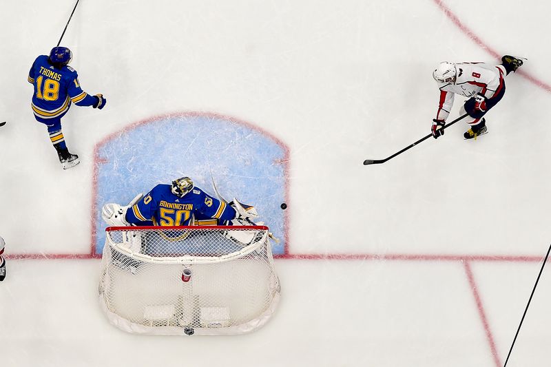 Jan 20, 2024; St. Louis, Missouri, USA;  St. Louis Blues goaltender Jordan Binnington (50) defends the net against Washington Capitals left wing Alex Ovechkin (8) during the second period at Enterprise Center. Mandatory Credit: Jeff Curry-USA TODAY Sports