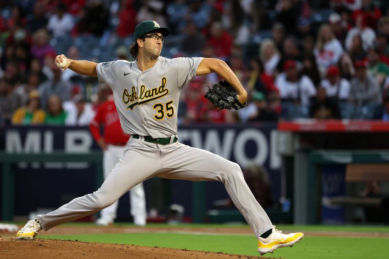 Sep 30, 2023; Anaheim, California, USA; Oakland Athletics starting pitcher Joe Boyle (35) pitches during the first inning against the Los Angeles Angels at Angel Stadium. Mandatory Credit: Kiyoshi Mio-USA TODAY Sports